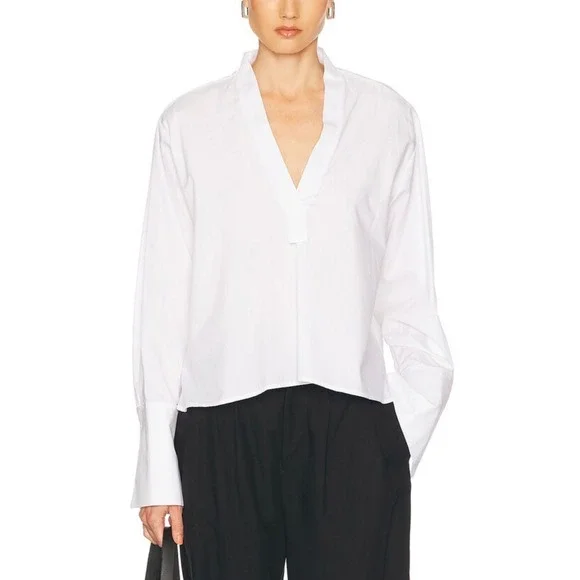 ENZA COSTA Poplin mariner Shirt Medium White V Neck Long Sleeve Quite Luxury NEW - Picture 1 of 16